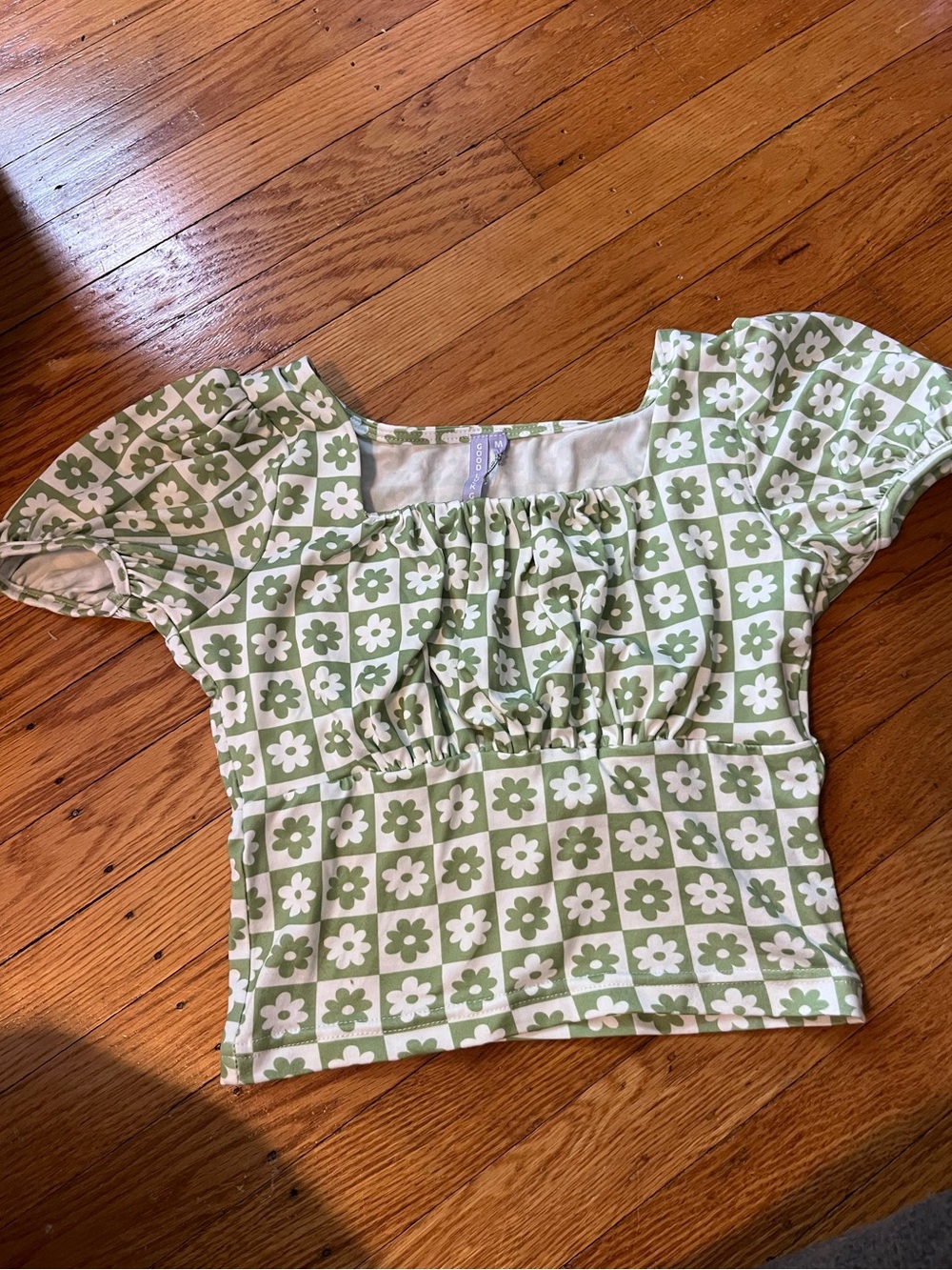 Green Floral Checker Puff-Sleeve Empire Crop Top